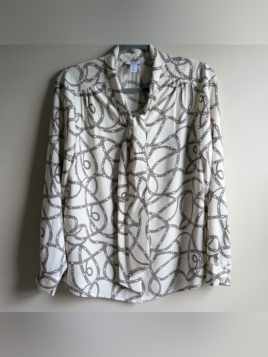 Tops - Caroline Belle Cream Tie-Neck Blouse with Black Chain Print Women’s Size Medium